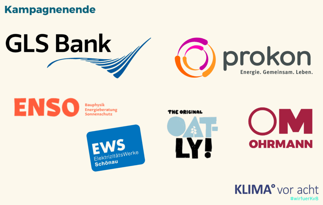Kampagnenende: Logo der sechs Sponsoren – GLS Bank, Prokon, ENSO, EWS Schönau, Oatly und Ohrmann