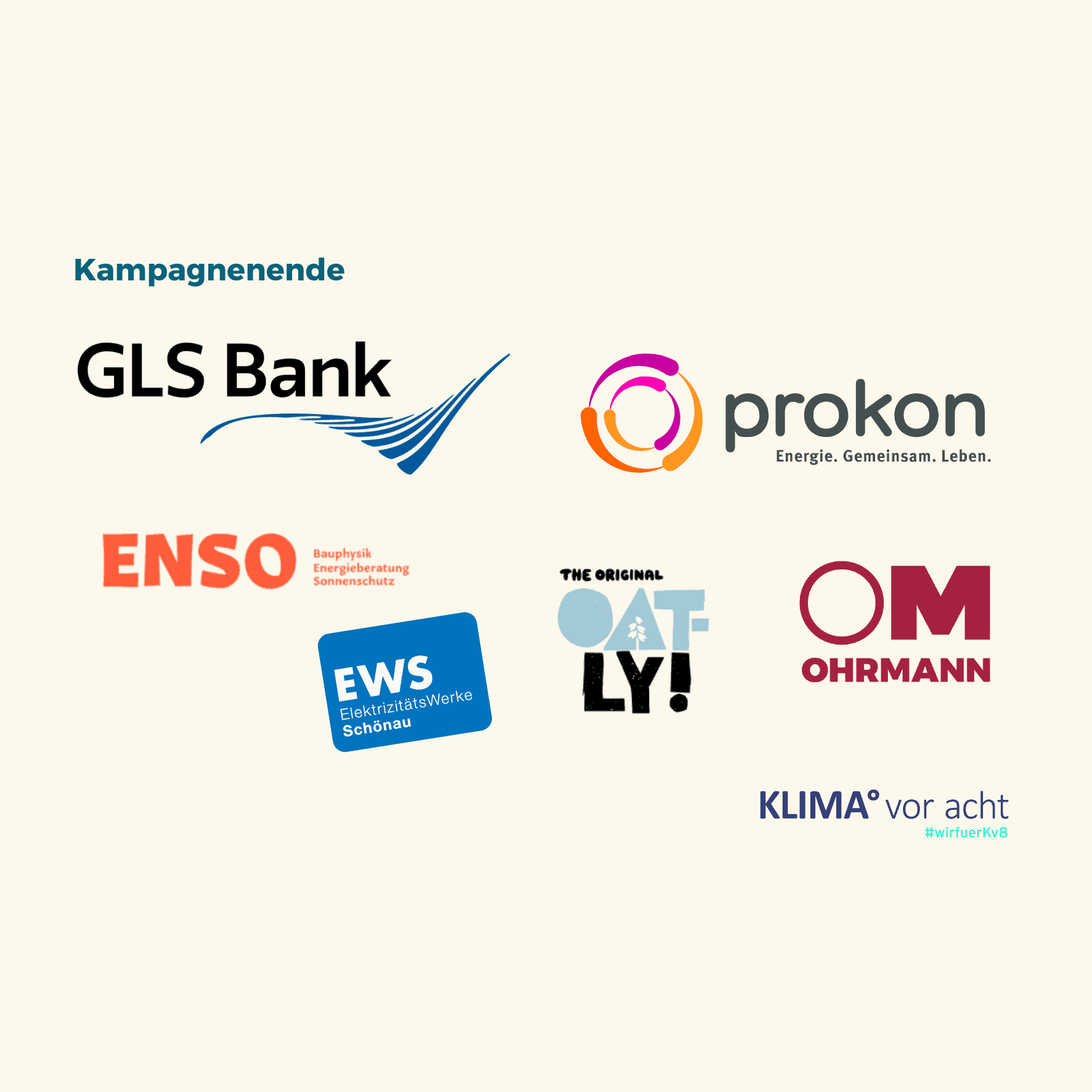 Kampagnenende: Logo der sechs Sponsoren – GLS Bank, Prokon, ENSO, EWS Schönau, Oatly und Ohrmann